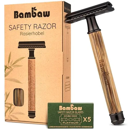 Produktbild Bambaw Rasierhobel Herren & Damen mit Rasierhobel Klingen (5 Stück), Einklingen Rasierer Herren, Sicher & Wiederverwendbar, Für Eine Sanfte & Präzise Rasur (Bambus Schlank Schwarz)