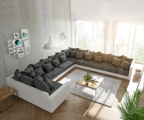 DELIFE Wohnlandschaft Clovis XXL Weiß Schwarz mit Armlehne - Großzügige Wohnlandschaft Clovis XXL mit modarem Konzept. Flexibel anpassbar, pflegeleichte Materialien und bequeme Kissen sorgen für höchsten Komfort und eine einladende Atmosphäre.