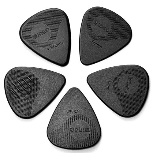 WINGO Gitarrenplektren mit Griffprägung, rutschfeste Plektren, 5 Stück (073, 088, 1,0, 1,25, 1,5 mm) für Akustik-, E-Gitarre, Bass, schwarz.