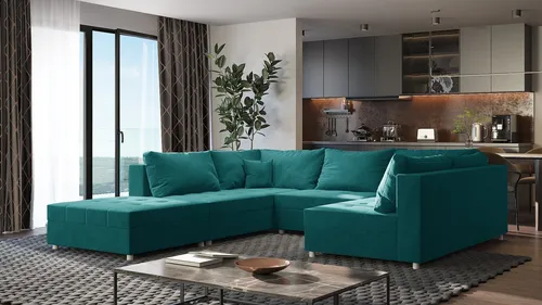 Wohnlandschaft Sofa ANDRO mit Schlaffunktion und Hocker in türkis von Fun Möbel