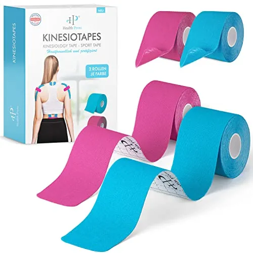 Health Press Kinesiotapes - 4 Kinesiologie Tape Rollen 2x Blau + 2x Rosa (5cm x 5m) Kinesiotape - Profi Physio Tape und Sporttape - Hautfreundliche Tapes DERMATEST: SEHR GUT