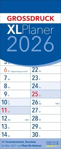 XL Planer Großdruck 2026: Streifenkalender mit großen Zahlen - Kalender für Lebenshilfe & Entspannung, ideal für eine einfache Planung mit extra großen Zahlen und praktischer Spiralbindung im Format 19 x 46 cm.