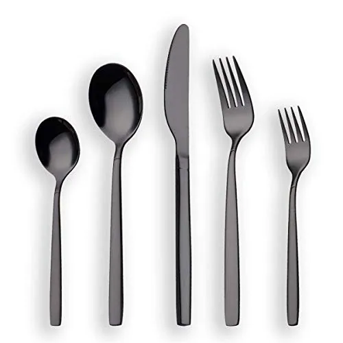 Berglander 30 Stück Titanium schwarz plattiert Besteck, 30 Stück Besteck Set, Service für 6 (glänzend schwarz)