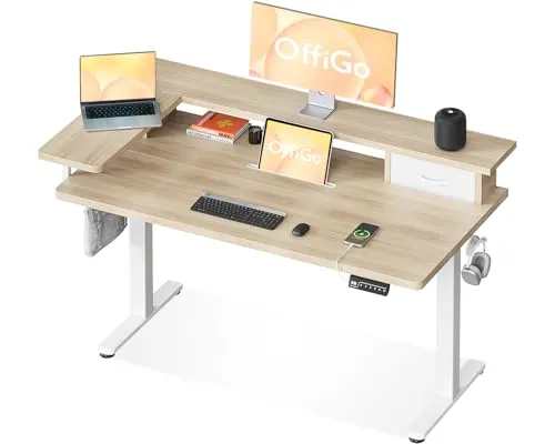 OffiGo Schreibtisch Höhenverstellbar mit Schublade, 120×60 cm, Beige