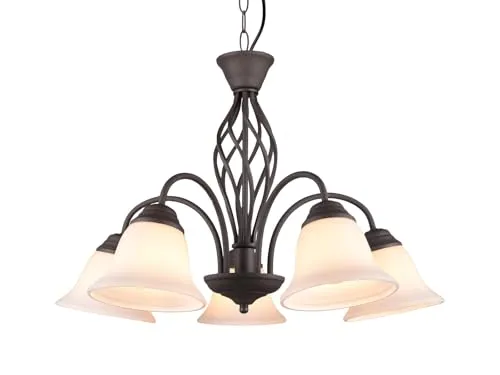 5-flammige Landhaus Pendelleuchte in Rostoptik - Hängeleuchte mit 5 austauschbaren E14 LEDs, ideal für stimmungsvolle Beleuchtung in Wohnräumen. Maße: Ø 60 cm, Höhe 150 cm, dimmbar und energieeffizient.