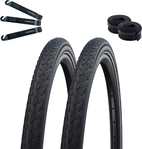 Schwalbe Road Cruiser K-Guard mit Reflex in Schwarz 42-622 (28.0 x 1.6) + 2 x Schwalbe Schläuche AV17 inkl. maxxi4you Reifenheber 2 x
