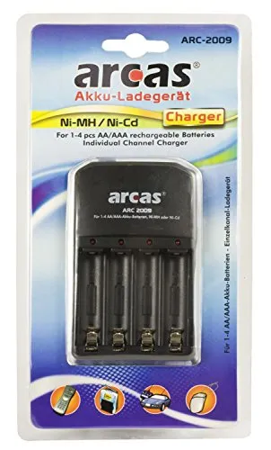 Arcas 207 02009 - Ladegerät für Ni-MH Akkus mit 4 unabhängigen Ladekanälen, lädt 1 bis 4 AA oder AAA Akkus, ohne automatische Abschaltung