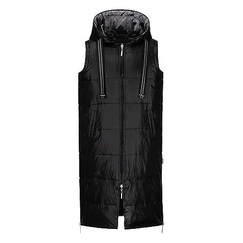 Blue Wave Damen Steppweste Longweste Kati mit abnehmbarer Kapuze - Lange Weste in Steppoptik in Schwarz Größe 38
