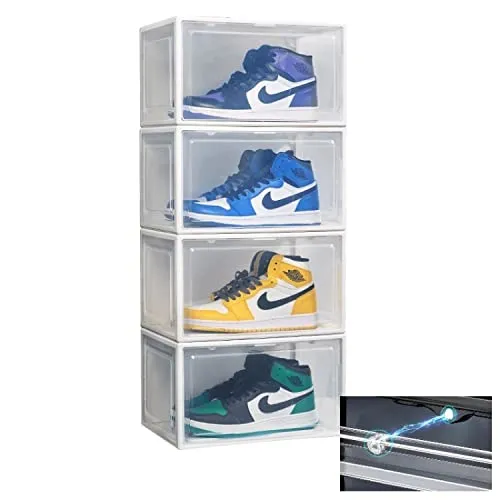 CRELIV Schuhboxen Transparent 4er Set - Stapelbare Schuhorganizer für Schuhe bis Größe 48, mit magnetischer Seitenöffnung für einfachen Zugriff und hervorragender Belüftung – ideal für die saubere Aufbewahrung Ihrer Schuhe.