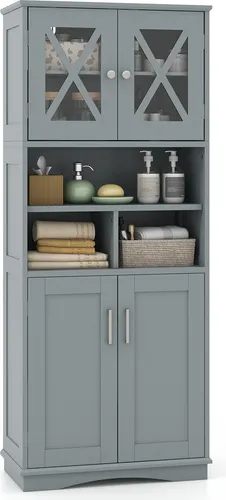 COSTWAY Bad Hochschrank mit Acryltüren - Badezimmerschrank mit großem Stauraum, 3 verstellbaren Regalen und stabiler MDF-Konstruktion, ideal für eine ordentliche Aufbewahrung im Badezimmer oder Wohnzimmer.