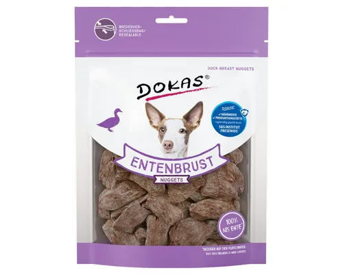Dokas Entenbrust Nuggets 110 g - 10 Stück - Sparpaket - Hundefutter Snack mit 97% Entenbrustfilet, ideal als Belohnung zwischen den Mahlzeiten. Hochwertiger Proteingehalt für fitte Hunde.
