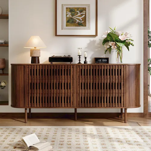 MODFU Sideboard 140×40×80 cm, Kommode mit 6 Schubladen und Lamellen-Design