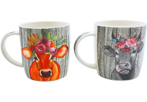 Dekohelden24 Tasse 2er Set Kaffeebecher Kaffeetasse aus Porzellan Motiv: Kuh, Porzellan, - Größe H/Ø: 12 x 9 cm, Fassungsvermögen 300ml