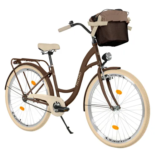 Milord Komfort Damenfahrrad 28 Zoll mit Korb - Stylisches 1-Gang Damenfahrrad mit LED-Lichtern und robustem Stahlrahmen für entspannte Fahrten in der Stadt. Ideal für den täglichen Gebrauch und ausgestattet mit Aluminiumfelgen.