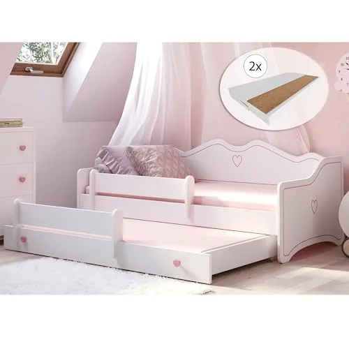 Mädchenbett 80x160 cm mit Ausziehbett und zwei Matratzen - Praktisches Funktionsbett für Kinder mit Rausfallschutz, inklusive zwei hochwertigen Kaltschaummatratzen für eine bequeme Nachtruhe. Ideal für Übernachtungsgäste und sicheres Schlafen von 3 bis 10 Jahren.