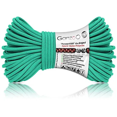 Ganzoo Paracord 550 Seil türkis, 4mm, Typ 3, Nylon Polyester, Hybrid, Armband, Hunde-Leine, Hunde-Halsband knüpfen, ca. 250kg Bruchlast, Outdoor Rope, Camping Schnur, Allzweckseil, 30 Meter