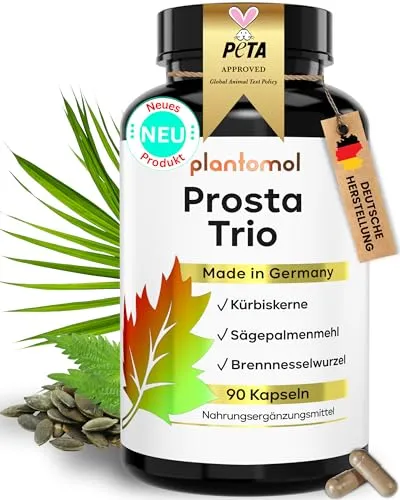 Prosta Trio - Hochdosierte Prosta Kapseln mit Kürbiskern- und Sägepalmen-Extrakt - Pflanzliches Ergänzungsmittel Sägepalme, 90 hochdosierte Kapseln ohne Zusätze, glutenfrei und vegan, unterstützt die Prostata-Gesundheit mit hochwertigen Inhaltsstoffen.