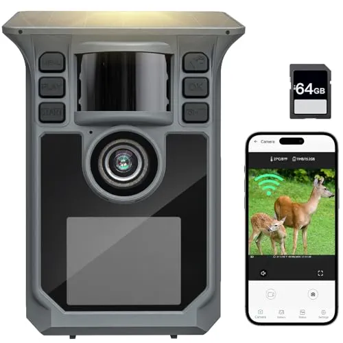 Hrivcam 4K 64MP Wildkamera mit Handyübertragung APP, Solar WLAN Bluetooth Eingebaute 5000mAh, 64GB Speicherkarte, Wildkamera mit Bewegungsmelder Nachtsicht, IP67 Wasserdicht 130°Weitwinkel