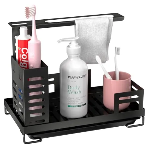 Ghazpmuk Sink Organiser, Spülbecken Organizer, Kitchen Sink Caddy Organiser, Sponge Holder, Edelstahl Küchen Organizer Mit Abnehmbarer Abflusspfanne, Geschirrtuchaufhänger und Bürstenablage für Küche