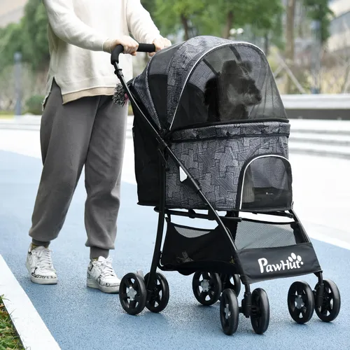 Klappbarer Hundewagen mit Korb und Kissen, grau-schwarz