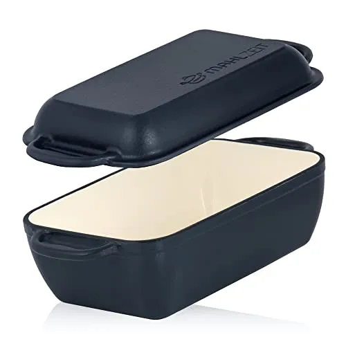 Mahlzeit Gusseisen Bräter mit Deckel emailliert | 4,8 Liter | Blue Berry - Pfannen - Vielseitiger 2in1 Bräter mit Deckel für Induktion, ideal zum Braten, Schmoren und Grillen; umdrehbarer Deckel für Grillpfanne mit extra Branding.