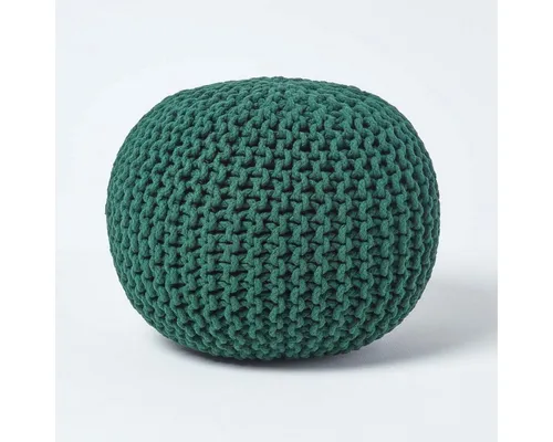 Homescapes Runder Strickpouf aus 100% Baumwolle, Tannengrün - Stylischer Pouf in Tannengrün, ideal als Sitz- oder Fußhocker. Hergestellt aus weicher Baumwolle und gefüllt mit robusten Polyester-Kügelchen für langanhaltende Formstabilität.