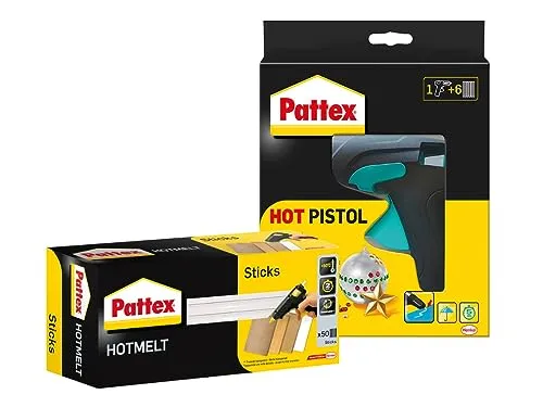 Pattex Hot Pistol Heißklebepistole, Set mit 6 Klebesticks, Ø 11 mm & Pattex Hotmelt Sticks zum Nachfüllen, Klebesticks, Transparent, zum Basteln, 1x 50 Sticks
