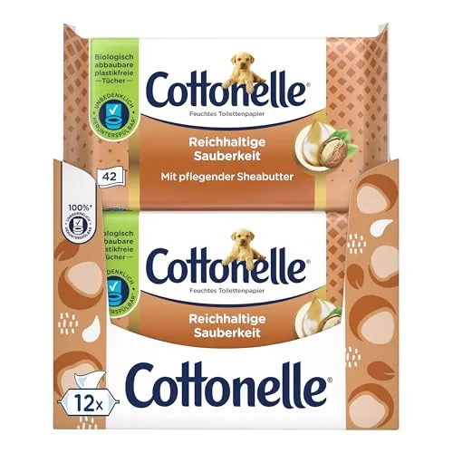 Cottonelle Feuchtes Toilettenpapier, Mein Spa Erlebnis - Kaschmir und Shea Butter, Biologisch Abbaubar, Plastikfrei, Wiederverschließbar, Vorteilspack, 12 x 42 Feuchttücher