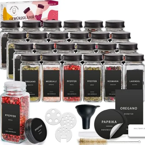 Happy Lemuro Gewürzgläser Set [24 x 120ml] mit 301 Etiketten auf Deutsch | Matte Deckel in Schwarz | Gewürzbehälter mit Metalldeckeln & Streueinsatz. Gewürzgläser Eckig, 24er Set