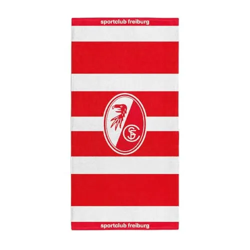 SC Freiburg Duschtuch GOTS Rot-Weiß Streifen - Hochwertiges Duschtuch in Rot-Weiß mit großem SC Freiburg Logo. Maße: ca. 70 x 140 cm, aus 100 % Bio-Baumwolle, weich und saugstark – ideal für jeden Fan.