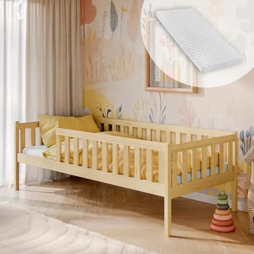 Kids Collective Kinderbett mit Rausfallschutz und Matratze | Sicher & Stabil für Kinder - Maximale Sicherheit dank integriertem Rausfallschutz! Aus massivem Kiefernholz für Langlebigkeit und Stabilität. Einfacher Aufbau und Reinigung, ideal für moderne Kinderzimmer. Erhältlich in verschiedenen Größen.