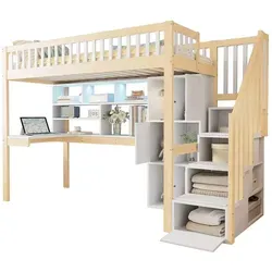 Hochbett, 90*200cm , Mit LED-Leuchten, Ablageleiter, Regale, Ablagefächer, Schreibtisch, ohne Matratze,Weiß+Natur