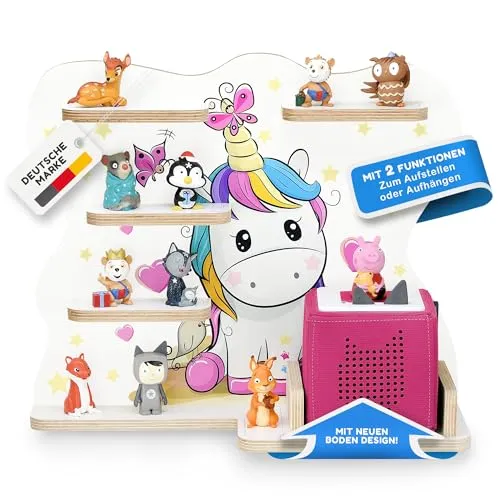 stadtecken Holzregal für Musikbox I passend für die Toniebox und ca. 35 Tonies I Perfekte Aufbewahrung im Kinderzimmer I zum Aufstellen oder Aufhängen I Pony, mit schmalen Boden