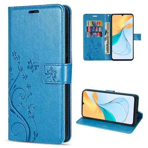 betterfon Hülle Kompatibel mit ZTE Blade V50 Vita | Premium PU Leder Handyhülle Wallet Case für Blade V50 Vita | Schutzhülle Blumen Klapphülle Handyhülle | Blau