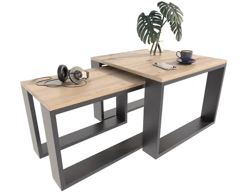 Couchtisch mit Loft, Beistelltisch Holztisch für Wohnzimmer, Sofatisch klein Holz, Wohnzimmertisch, Artisan- Schwarz zwei Tiscch