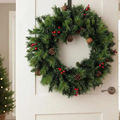 Künstlicher Weihnachtskranz 60 cmTannenzweige mit roten Ilex-Beeren Deko-Kranz