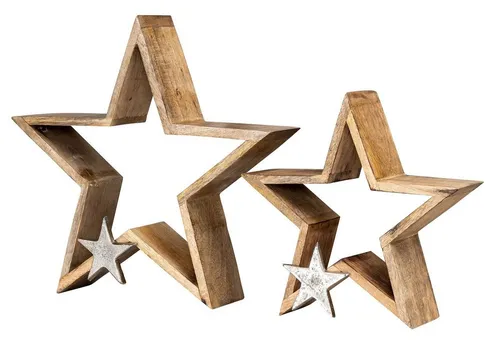 Levandeo® Deko-Schriftzug 2er Set Sterne aus Mangoholz - Deko-Buchstaben aus handgefertigtem Mangoholz, stilvolle Weihnachtsdeko mit silbernen Akzenten, ideal für festliche Anlässe und vielseitige Aufstellmöglichkeiten.
