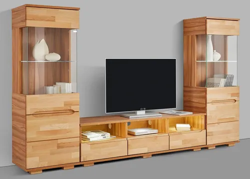 Home affaire Wohnwand Vetro - 3-teiliges Set aus Massivholz - Stilvolle Wohnwand aus teilmassivem Holz mit flexiblen Vitrinen und Kabeldurchführung für modernes Wohnen. Ideal für jedes Wohnzimmer und sorgt für eine gemütliche Atmosphäre.