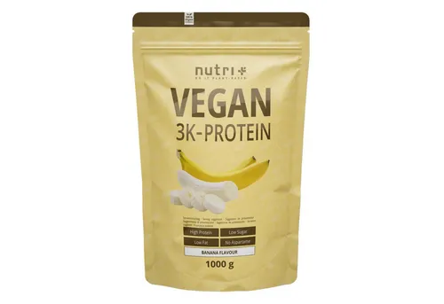 nutri+ Veganes 3K Proteinpulver - Banana, 1000 g Beutel - Protein Shakes & Muskelaufbau - Hochwertiges veganes Protein mit leckerem Bananengeschmack, ideal für Muskelaufbau und Regeneration.