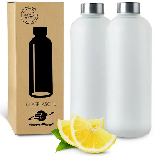 Smart-Planet 2er SET Glas 1L Trinkflaschen aus Milchglas - Praktisches 2er Set von hochwertigen Glasflaschen für Erwachsene. Ideal für den täglichen Gebrauch und stilvoll für zuhause oder unterwegs.