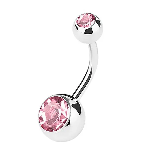 Piercingfaktor Bauchnabelpiercing Banane Piercing Bauch Stecker Gebogen mit Doppel Multi Kristall Kugel 1,6mm x 11mm x 5mm Rosa