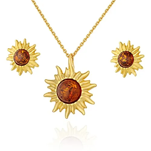 AMBEDORA Vergoldetes Damen-Set Kleiner Sonnenschein, Sterling Silber 925 vergoldet, Baltischer Bernstein in Cognac, Anhänger mit Ankerkette und Ohrringe, Fertiges Set für ein Geschenk
