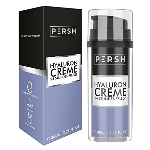 PERSH Hyaluron Creme 80ml - Feuchtigkeitsspendende Anti-Aging Creme | Hyaluronsäure für frische, glatte Haut | Pflege für Gesicht, Augen, Hals & Dekolleté | Vegan
