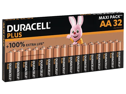 Duracell Plus-AA BP32 Mignon (AA)-Batterie - Alkali-Mangan Batterie mit 1.5 V, ideal für langlebige Energie in Geräten, 32 Stück im praktischen Pack für den täglichen Bedarf.