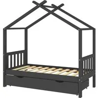 vidaXL Kinderbett Dunkelgrau mit Schublade aus Kiefernholz 80x160 cm - Praktisches Kinderbett im Baumhaus-Stil mit Schublade für zusätzlichen Stauraum, ideal für ein aufgeräumtes Kinderzimmer und viel Spielspaß.