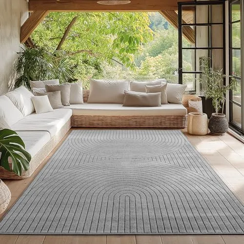 HomebyHome Teppich Wohnzimmer, Schlafzimmer, Wintergarten, Kurzflor Grau, Hoch-Tief-Effekt, weich & waschbar, Outdoor geeignet, pflegeleicht, 120x170 cm