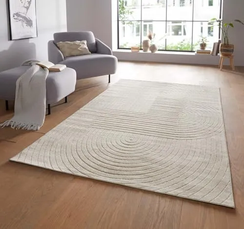 Taracarpet Moderner In & Outdoor Kurzflor Boho Skandi Designer Teppich mit 3D Effekt für Wohnzimmer Schlafzimmer und die Küche auch für Balkon und Terrasse geeignet Creme 240x340 cm