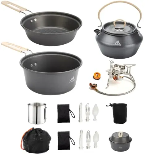 THTYBROS 17-teiliges Camping-Kochgeschirr-Set, 1,2 l Topf, 17,8 cm Pfanne, 0,3 l Wasserkocher-Set mit 2 Edelstahlbechern, Tellern, Gabeln, Messern, Löffeln zum Wandern