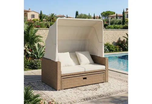 MODFU Gartenlounge 4 Personen - Multifunktionale Lounge mit Verstellbarem Tisch und Sonnenschutz - Vielseitige Gartenlounge für bis zu 4 Personen: Kombinierbar als Sofa oder Liegefläche mit einem höhenverstellbaren Tisch. Ideal für gesellige Stunden im Freien und anpassbar an jede Situation.