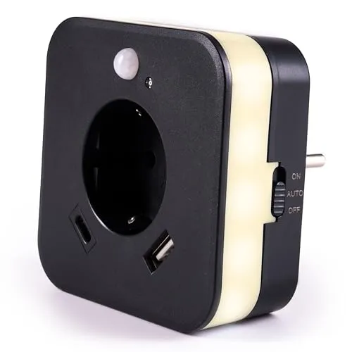 smrter LED-Nachtlicht mit Bewegungsmelder und USB, anthrazit - Bewegungsmelder-Nachtlicht mit 2x USB-Anschlüssen und automatischem Lichtsensor für sanfte Beleuchtung ohne Aufwecken. Ideal für Flure, Schlafzimmer und mehr – geprüft von TÜV SÜD!